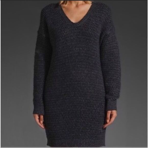 Theory Gray Avelina Airmix Wool Mohair Blend Open Knit Sweater Dress, Medium - Picture 3 of 16